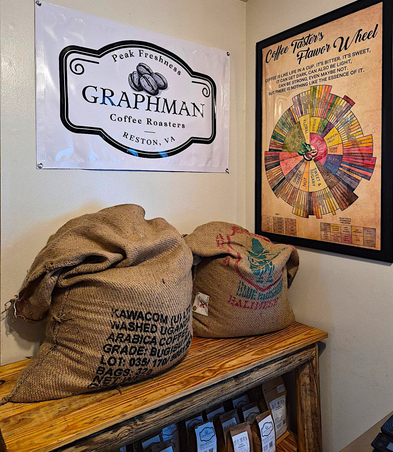 Graphman Coffee Roasters green coffee burlap sacks with roastery banner and flavor wheel