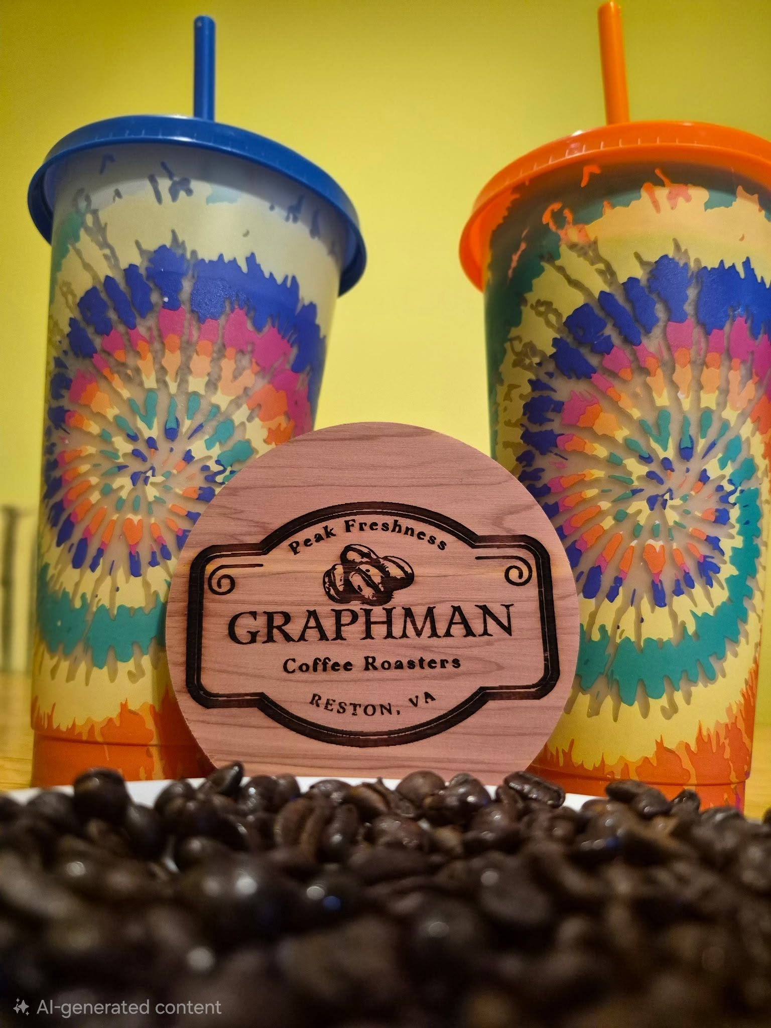 Graphman Coffee Roasters branded cups with roasted coffee beans