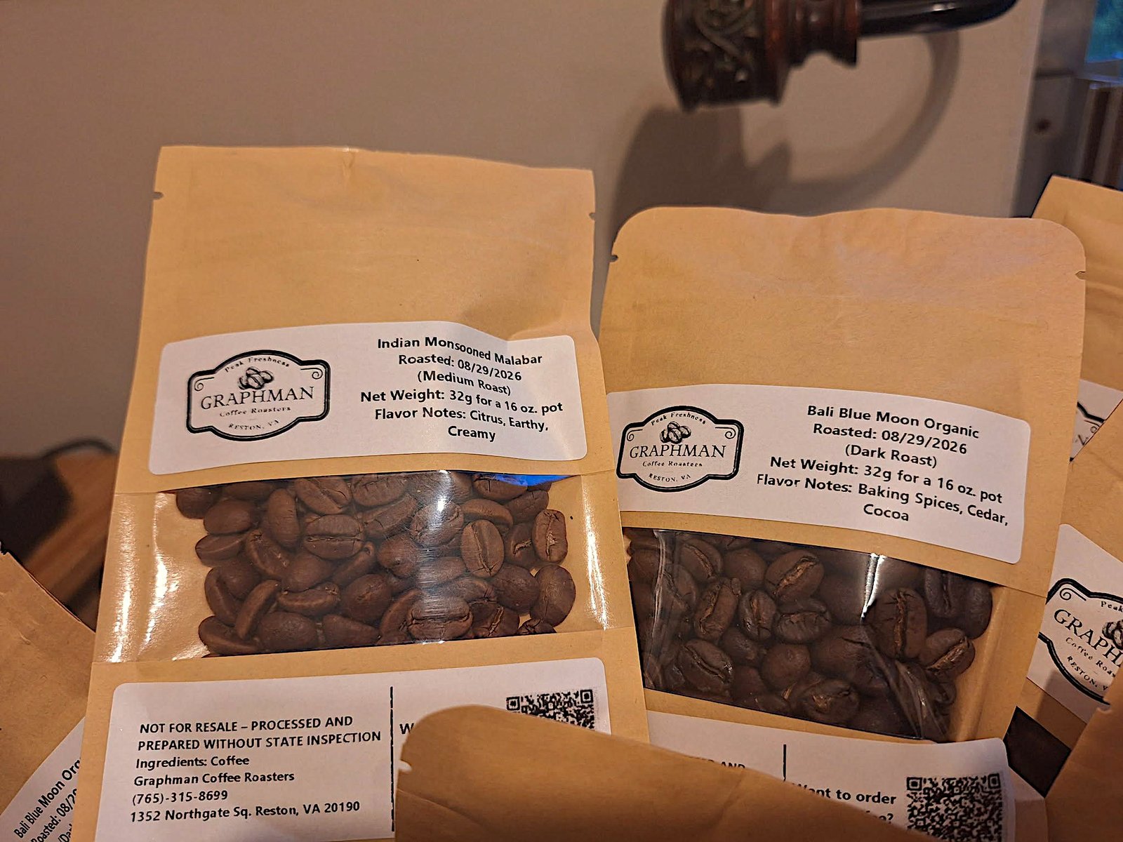 Graphman Coffee Roasters sample pouches with visible beans