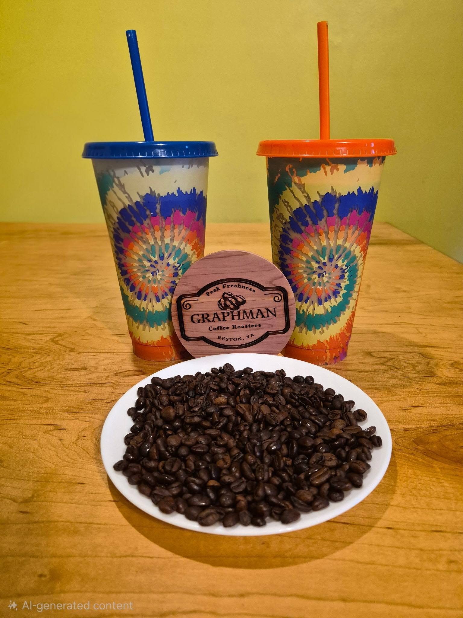 Graphman Coffee Roasters branded cups with roasted coffee beans